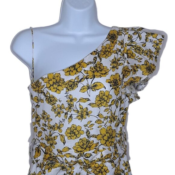 Christy Lynn Linen Floral One Shoulder Midi Dress 0 Yellow Party Wedding Event - Picture 3 of 11